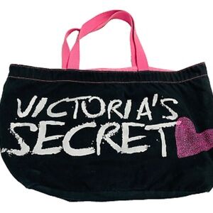 Victoria Secret Black Canvas Tote Bag With Pink Handles & Pink Sparkling Heart
